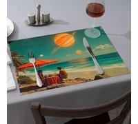 Tablecloth Two People Enjoying A Meal On A Beach With Planets In The Sky Dining Place Mats Premium Kitchen & Dining Home Decor(4PCS)