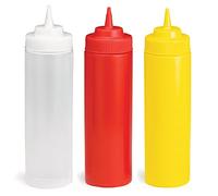 Tablecraft by Chefline Set of 3 Widemouth Sauce Bottle/Dispenser 24oz Clear/Red/Yellow, Mayo/Ketchup/Mustard