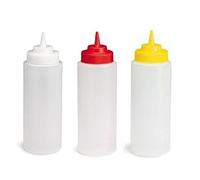 Tablecraft by Chefline Set of 3 Widemouth Sauce Bottle/Dispenser 32oz Clear/Red/Yellow, Mayo/Ketchup/Mustard