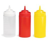 Tablecraft by Chefline Set of 3 Widemouth Sauce Bottle/Dispenser 8oz Clear/Red/Yellow, Mayo/Ketchup/Mustard