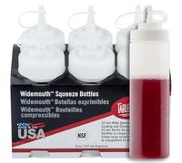 Tablecraft Plastic Condiment Squeeze Bottles, Foodservice Restaurant Commercial Use Widemouth 53mm, Cone-Tip Top w/Tethered Cap for Olive Oil, BBQ Sauce, Dressing, Food Prep, 8 oz, 237 mL, Clear, 6