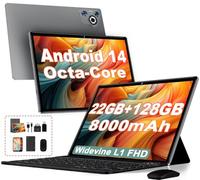 Tablet 10 Inch Android 14 Octa Core Tablet with 22GB RAM + 128GB ROM (1TB TF) | 5G + 2.4G WiFi | FHD | Face Recognition | GPS | 8MP + 5MP | Type C, Touch Tablets with Case, Keyboard and Mouse - Blue