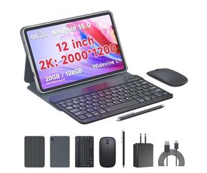 Tablet Kit with Protective Case+Fast Charger+Keyboard + Mouse, Android 15.0 1200x2000 12" Touchscreen, Octa-core T615 CPU, RAM 20GB (6+14Expand) + 128GB ROM, Battery