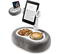 Tablet Pillow Stand, Kindle Holder for Reading in Bed, Phone Holder, Grey | 360° Adjustable Viewing Angles, Snack Tray & Cup Holder, Soft Washable Cushion, Fits 5-12.9in Devices for Hands-Free Viewing