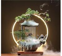 Tabletop Buddha Water Fountain with LED Light - Indoor Zen Decor for Meditation, Japanese Style with Mist, Fake Plants, Feng Shui for Good Luck and Wealth