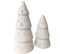 Tabletop Ceramic Christmas Tree Figurines - Set of Two White Tabletop Decorations with Lights, Snowflakes and Cutout Porcelain Design