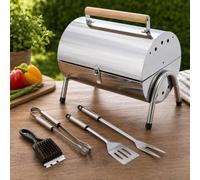 Garden Mile Large BBQ Charcoal with Table Top - Stainless Steel BBQ Grill Half Barrel Open Drum Portable BBQ Accessories - BBQ Charcoal Grill with Wooden Handle for Home, Bar, Garden, Party, UK