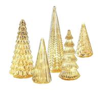 Tabletop Christmas Tree Gold Lighted Centerpiece Figurine, Set of 5 Illuminated Glass Christmas Trees, Sparkling Decor for Fireplace Bedroom Living Room Office Dorm Garden Yard