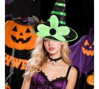 Tabletop Halloween Accents Halloween Witch Hat With Flowers & Feathers Cute Girls Witch Costume Headband For Kids Party Dress Up Accessories (Green, 36x36cm)