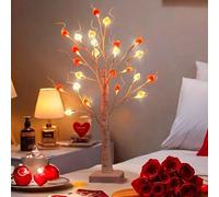 Tabletop Mini Artificial Tree Lamp with 24Pcs Led Heart and Timer - Dimmable White Birch Twinkle Fairy Tree Lamp - 23.6Inch Height - 3 AA Battery or USB Powered for Girls Bedroom Decor