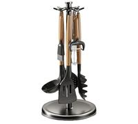 Tableware Organizer - 360 Degree Kitchen Utensil Stand, Stainless Steel Cutlery Storage Rack | Rotatable Cutlery Rack for Cooking with Shovel and 8 Spoons Hooks, 8.46" x 8.46" x 17.32"