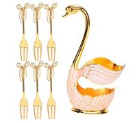 Tableware Sets, Fruit Dessert Flatware Swan Base Holder Spoon Organizer with 6pcs Spoon or Fork for Coffee Dessert Sugar Ice Cream(Fork)