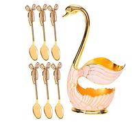 Tableware Sets Zinc Alloy Coffee Dessert Spoons with Swan Holder, Golden White Fork - Food Grade Material, Elegant Desktop Decoration, Ideal for Home and Parties (Gold and White + Spoon)