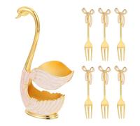 Tableware Storage Holder with Six Fruit Forks Set Swan Shape Metal | Zinc Alloy Construction, Compact Organised Serving, European Elegance for Snacks, Afternoon Tea, Dessert Shops and Cafes