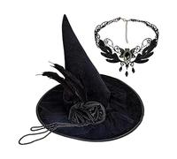 TABSIRAH Witch Hats - Cosplay Hats - Velvet Wizard Hat - Halloween Hat with gemstoné Necklace -Black Witch Hat - Feather Hats - Ideal Accessories for Halloween, Carnival, Cosplay and Masquerade