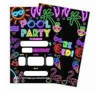 Tabyon Pool Party Birthday Invitation Cards - Neon Tropical Beach - 20 Double-Sided Fill In Birthday Invite Cards With Envelopes For Boys & Girls, Party Favor & Decorations - C09