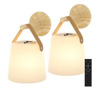 TACAHE Rechargeable Wall Sconce - Plastic Frosted Lampshade - 3 Color Temp & 5 Brightness - Remote Control - 5000 mAh Battery Operated - Cordless Wall Lamp for Camper, RV - Set of 2 (Wood Color)