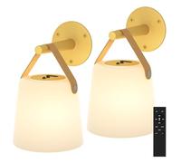 TACAHE Rechargeable Wall Sconce - Plastic Frosted Lampshade - 3 Color Temp & 5 Brightness - Remote Control - 5000 mAh Battery Operated - Cordless Wall Lamp for Camper, RV - Set of 2 (Gold)