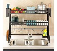 Tacarlha 2-Tier Over The Sink Dish Rack, Adjustable Length Kitchen Dish Drying Rack with Utensil Holder, High Capacity Space Saving Organizer for Plates, Bowls, Sponges, Fruits - Rust Proof Metal