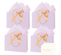 TACHIO 4 Pcs Gift Bags with Golden Bow Ribbon,6 Tissue Papers and 4 Greeting Cards,Paper Bags for Presents,Birthday,Weddings,Festival Celebration,Party,32x10x25cm,Light Purple