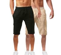 tacniseyw 2 Pack Mens Summer Beach Shorts Cotton Linen Shorts Elastic Waist with Pockets Soft Breathable Lightweight Solid Color Pants Oceanside Pants Casual Bermuda Jorts Half Cropped Trousers