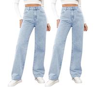 tacniseyw 2PC Jeans for Women High Waist Wide Leg Jeans Baggy Stretchy Denim Pants Y2K Pull On Jean Ladies Soft Comfy Straight Leg Trousers for Women UK Boyfriend Flared Jean Plazzo Denim Pants
