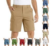 tacniseyw Mens Cargo Work Shorts Solid Color Cotton Shorts with Elastic Waist Multi Pockets Button Fly Cropped Trousers with Belt Buckle and Placket 3/4 Length Pants Sky Blue