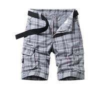 tacniseyw Mens Cotton Cargo Shorts with Belt Buckle and Placket Checked Work Shorts Button Fly Cropped Trousers Breathable Knee Length Cargo Trousers with Multi Pockets Grey