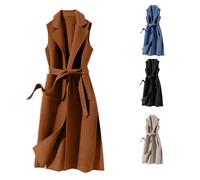 tacniseyw Women Wool Blend Trench Coats Sleeveless Winter Overcoat With Belted Slim Longline Trench Coat Ladies Long Vest Jackets Lightweight Lapel Pea Coat Casual Outerwear With Pockets