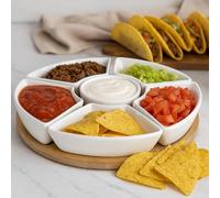 Taco Bar Ceramic Serving Platter Christmas Rotating Snack Tray with 6 Removable Bowls, Divided Serving Dish for Tacos, Chips Dips - Elegant White Serving Tray for Parties Family Dinners Entertaining