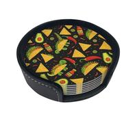 Taco Dinosaur, Avocado and Chili Coaster Fun Cartoon Patterns Circular Leather Coasters with Brackets