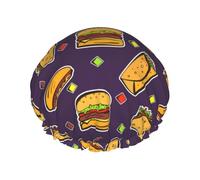 Taco Hamburger Hot Dog Pattern,Shower Cap Nightcap Double Layer Waterproof Elastic Bath Cap Reusable Hair Cap
