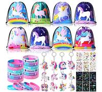 Tacobear 48pcs Girls Unicorn Party Bags Fillers with Drawstring Backpack Silicone Bracelets Keychains Tattoos Unicorn Birthday Party Supplies Favours for Kids