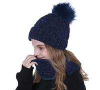Tacobear Women Winter Pom Beanie Hat and Circle Scarf Set Chenille Knit Warm Winter Hat Loop Infinity Scarfs Neck Warmer Outdoor Ski Snowboard for Ladies and girls (Navy)