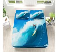 TACOKI Surfing Small Double Fitted Sheet, Blue Ocean Bed Sheets Deep Pocket 12 inch (30 cm) Soft Microfibre 3D Bed Sheet 120x190 cm with 2 Pillowcases for Kids and Aldults 3846v
