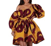 TACSTRUN African Dresses for Women Long Sleeve Off-Shoulder Elegant Boho Print A-Line Kaftan African Attire Short Skirt,Yellow,XL
