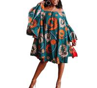TACSTRUN African Dresses for Women Plus Size Flared Sleeves Off-Shoulder Boho Print Loose Maxi Kaftan Attire Dress,Green,3XL