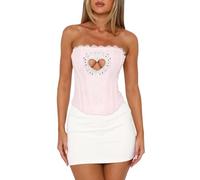 TACSTRUN Corset Tops for Women Sexy Tube Top Lace Heart Shape Hollow Strapless Bustier Lingerie Tops,Pink,S