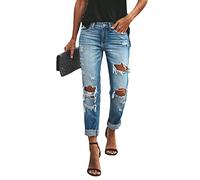 TACSTRUN Mid Rise Boyfriend Jeans for Women, Ripped Distressed Raw Hem Straight Leg Ankle Denim Pants,Blue,L