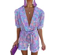 TACSTRUN Short Rompers for Women 2025 Summer Short Sleeves Printed High Waist V Neck Lace Up Vacation Beach Jumpsuit,Purple,S