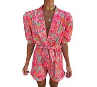 TACSTRUN Short Rompers for Women 2025 Summer Short Sleeves Printed High Waist V Neck Lace Up Vacation Beach Jumpsuit,Red,L