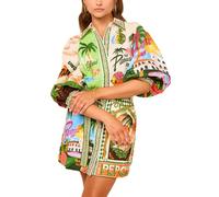 TACSTRUN Summer Dresses for Women Casual Loose 3/4 Puff Sleeve Button Front Short Shirt Dress Trendy Hawaiian Midi Dress with Pockets,Green,XXL