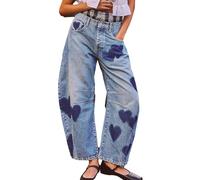 TACSTRUN Women's 90s Baggy Vintage Boyfriend Barre Jeans Trendy Heart Patch Work Casual Wide Leg Ankle Denim Pants,Blue,S