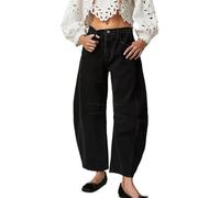 TACSTRUN Women's Baggy Vintage Low Rise Barrel Jeans Work Casual Distressed Washed Wide Leg Ankle Denim Pants,Black,L