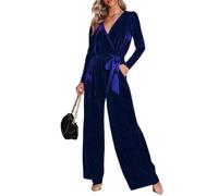 TACSTRUN Women's Casual Long Sleeve Jumpsuits Velvet Belted V Neck Outfit Party Dressy Wide Leg Romper,Blue,XXL