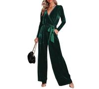TACSTRUN Women's Casual Long Sleeve Jumpsuits Velvet Belted V Neck Outfit Party Dressy Wide Leg Romper,Green,L