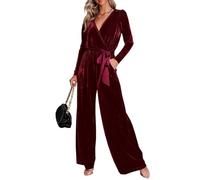 TACSTRUN Women's Casual Long Sleeve Jumpsuits Velvet Belted V Neck Outfit Party Dressy Wide Leg Romper,Red,L