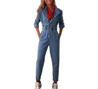 TACSTRUN Women's Casual Long Sleeves Denim Jumpsuit High Waist Lapel Stretch Washed Slim Fit Jeans Rompers,Blue,S