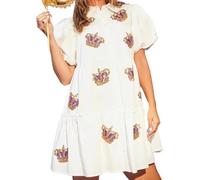 TACSTRUN Women's Cute Puff Short Sleeve Babydoll Dress Sparkle Glitter Crown Graphic Sequin Dress Casual Loose Summer Shirt Dress,White,M