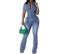 TACSTRUN Women's Denim Cargo Jumpsuit Short Sleeve Stretch Slim Jean Jumpsuit Rompers,Blue,S